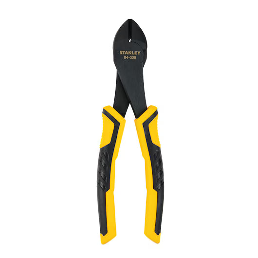 The STANLEY 7 IN PLIERS BI-MATERIAL DIAGONAL feature black cutting jaws and ergonomic black and yellow handles, making them ideal for precision cutting tasks; product shown on a white background.